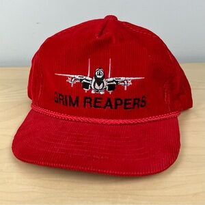 Vintage Corduroy Trucker Snapback Hat Red Grim Reapers F-14A Military Airplane